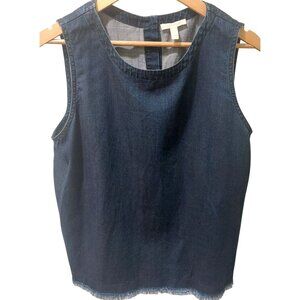 Eileen Fisher XL Dark Wash Denim Sleeveless Top W/ Frayed Hem & Button Back